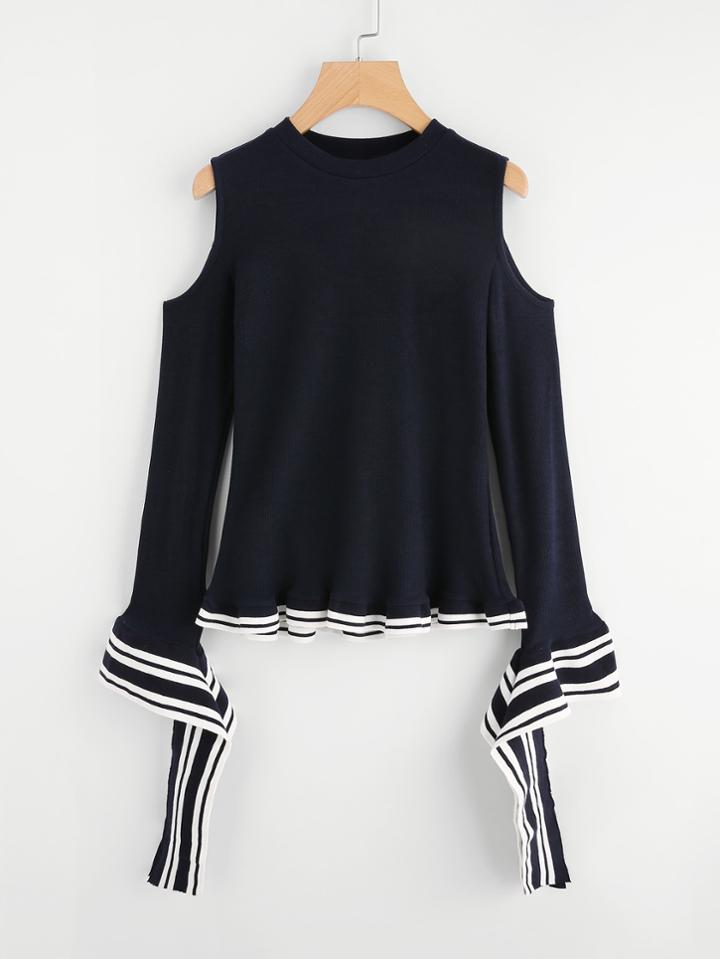 Shein Striped Hem And Bell Cuff Knit Top