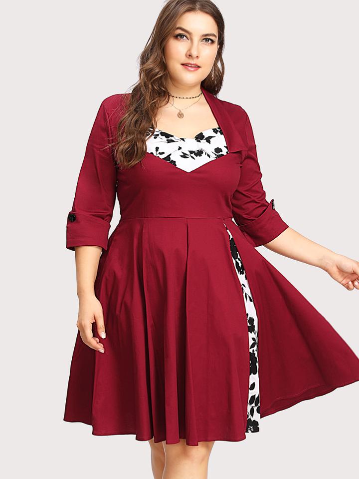 Shein Roll Up Sleeve Pleated Dress