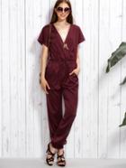 Shein Burgundy V Neck Drawstring Short Sleeve Jumpsuit