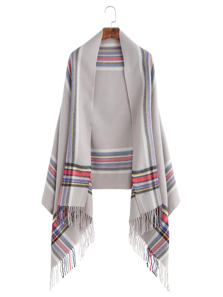 Shein Grey Colored Stripe Fringe Edge Shawl Scarf
