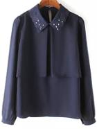Shein Navy Embroidered Collar Bead Loose Blouse