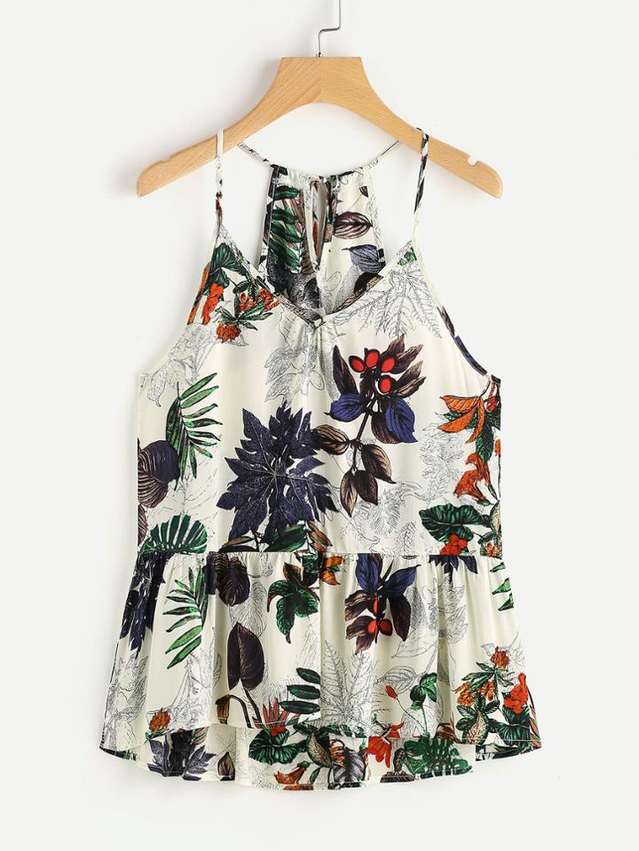 Shein Tropical Print Keyhole Self Tie Back Peplum Cami Top