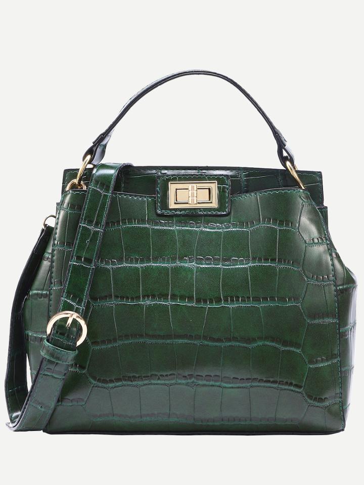 Shein Green Crocodile Embossed Double Turnlock Satchel Bag