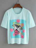 Shein Dog Print Pale Blue T-shirt