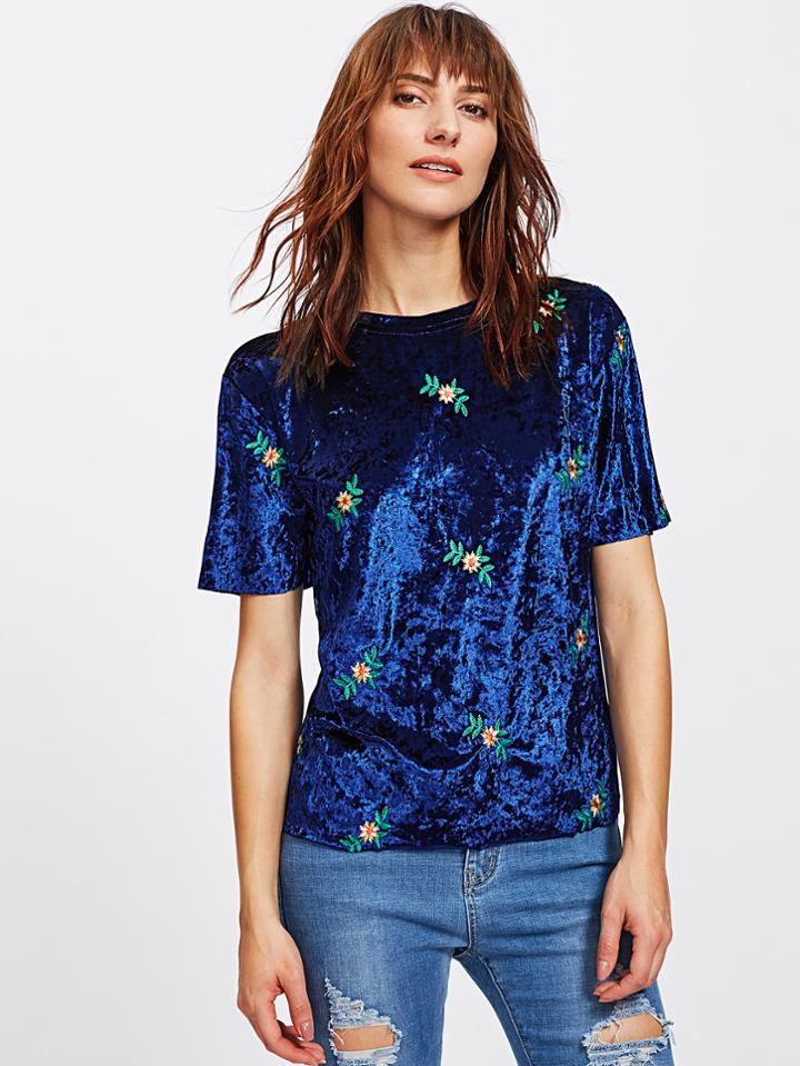 Shein Botanical Embroidered Crushed Velvet Tee