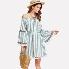 Shein Tassel Accent Bell Sleeve Striped Bardot Dress