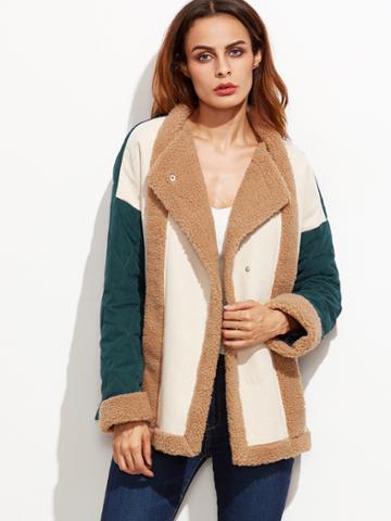 Shein Color Block Faux Shearling Trim Quilted Coat