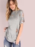 Shein Heather Grey Short Sleeve Distressed T-shirt