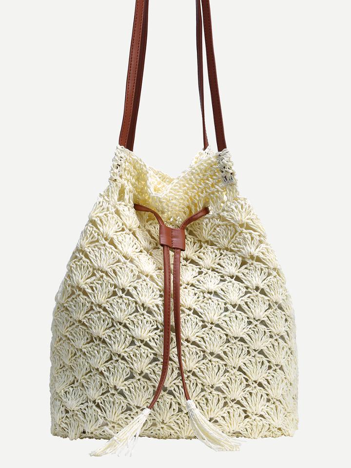 Shein White Scallop Straw Drawstring Bucket Bag