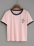 Shein Pink Contrast Trim Love Gesture Print T-shirt