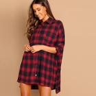 Shein Roll Tab Sleeve Stepped Hem Plaid Dress