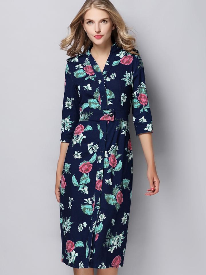 Shein Navy V Neck Length Sleeve Drawstring Print Dress