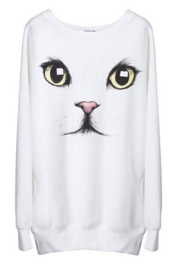 Shein White Cat Face Print Round Neck Pullover Sweatshirt