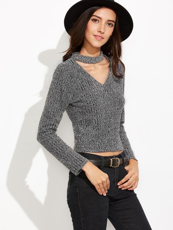 Shein Grey Cut Out Zipper Back Sweater