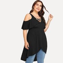 Shein Plus Crisscross Neck Flounce Cold Shoulder Wrap Top