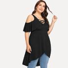 Shein Plus Crisscross Neck Flounce Cold Shoulder Wrap Top