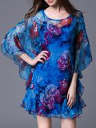 Shein Blue Batwing Sleeve Print Ruffle Dress