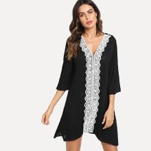 Shein Lace Applique Pom Pom Sleeve Dress