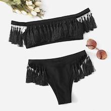 Shein Off The Shoulder Tassel Decorated Bikini Set