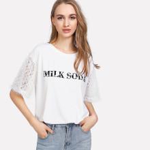 Shein Pearl Embellished Letter Print Tassel Sleeve Tee