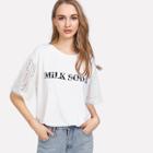 Shein Pearl Embellished Letter Print Tassel Sleeve Tee