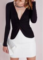 Rosewe Black V Neck Twisted Front T Shirt