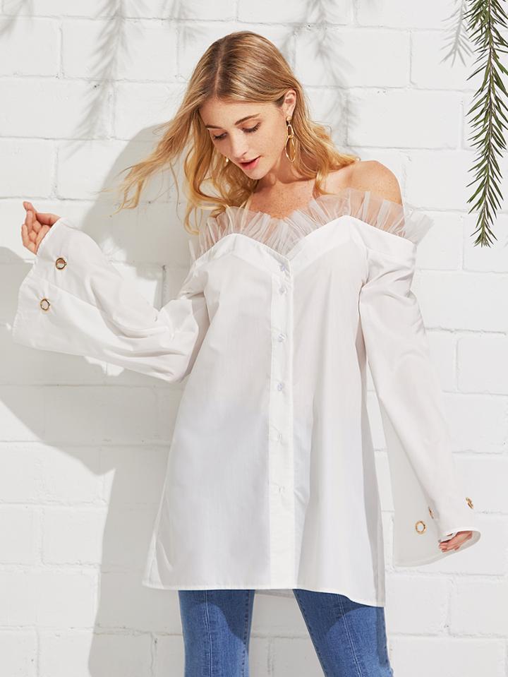Shein Eyelet Detail Mesh Ruffle Bardot Blouse