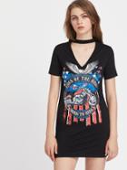 Shein V-cut Print Tee Dress With Choker Neck