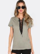 Shein Eyelet Lace Up Rolled Tee Olive