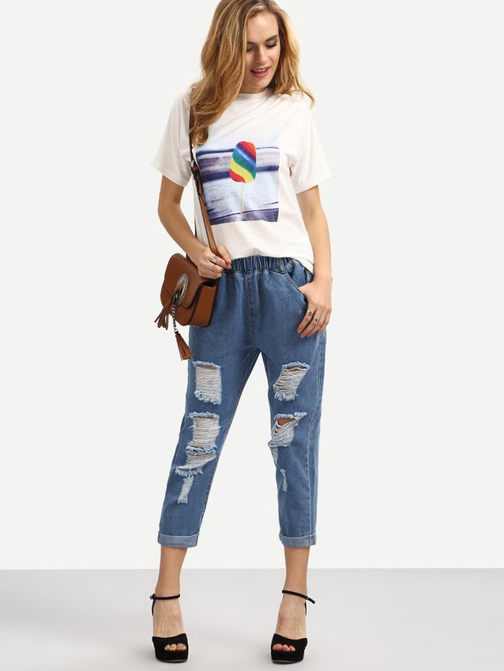 Shein Elastic Waist Distressed Boyfriend Jeans