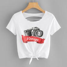 Shein Ladder Cut Camera Print Knot Front Top