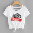 Shein Ladder Cut Camera Print Knot Front Top