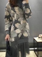 Shein Grey Mock Neck Floral Lace Hem Sweater Dress