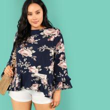Shein Plus Flower Print Ruffle Trim Blouse