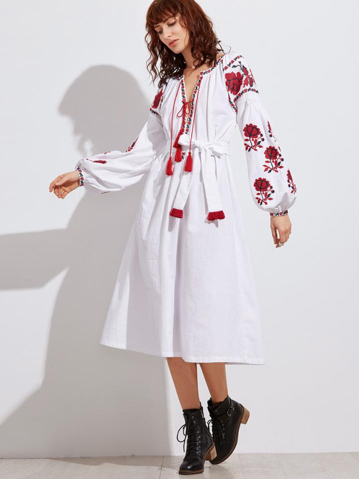Shein Tassel Tied Plunge Neck Embroidered Peasant Dress