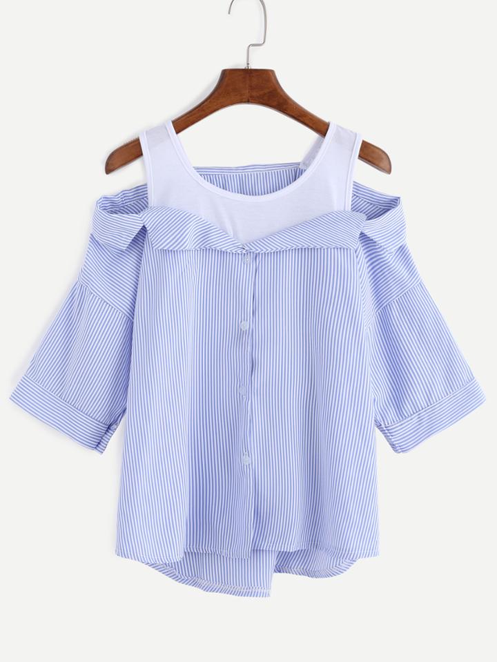 Shein Blue Stripe Contrast Open Shoulder High Low Blouse