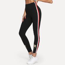 Shein Striped Side Embroidery Hem Leggings