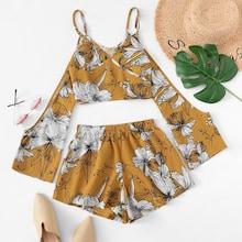 Shein Floral Print Cold Shoulder Cami Top With Shorts