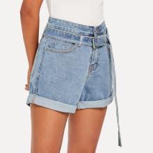 Shein Roll-up Belt Denim Shorts