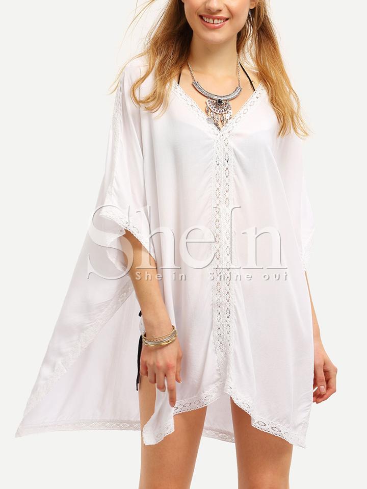 Shein White Deep V-neck Lace Insert Beach Blouse