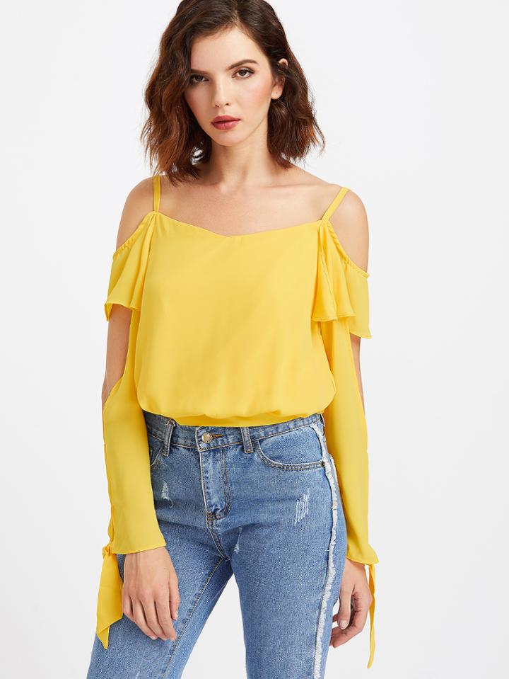 Shein Yellow Cold Shoulder Ruffle Trim Tie Cuff Top