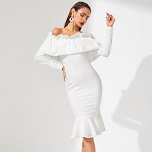 Shein Flounce Foldover Front Off Shoulder Fishtail Hem Dress