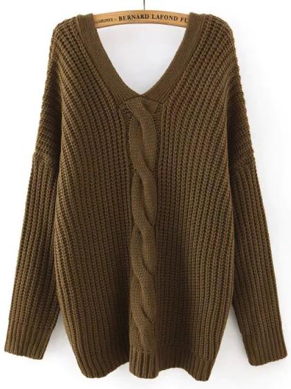 Shein Army Green V Neck Buttons Cable Knit Sweater