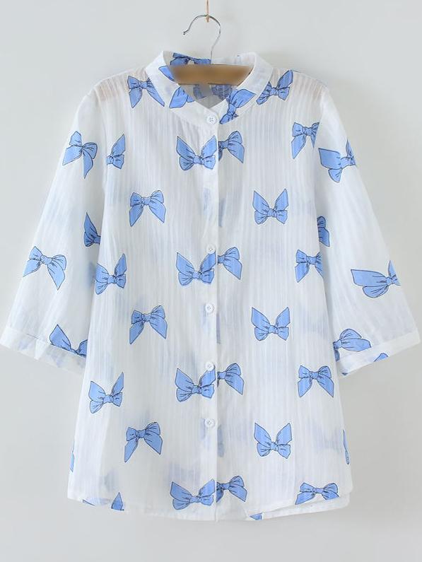 Shein White Half Sleeve Band Collar Bow Printed Blouse