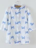 Shein White Half Sleeve Band Collar Bow Printed Blouse