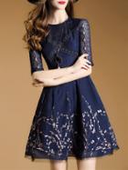 Shein Navy Embroidered Mesh A-line Dress