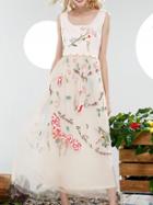Shein Beige Backless Gauze Embroidered A-line Dress