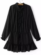 Shein Black Frill Neck Lace Up Pleated Dress