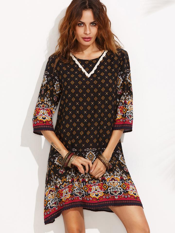 Shein Tribal Print Three Quarter Sleeve Shift Dress