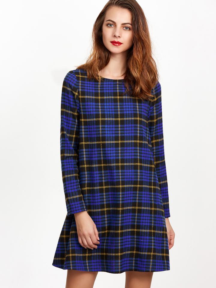 Shein Blue Plaid Bow Embellished A Line Dress